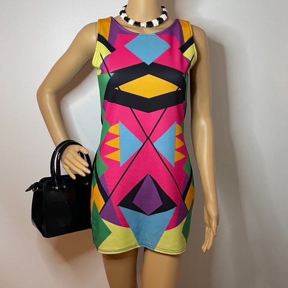 Vintage Dresses & Skirts - 60’s mod graphic print colorful sleeveless dress!